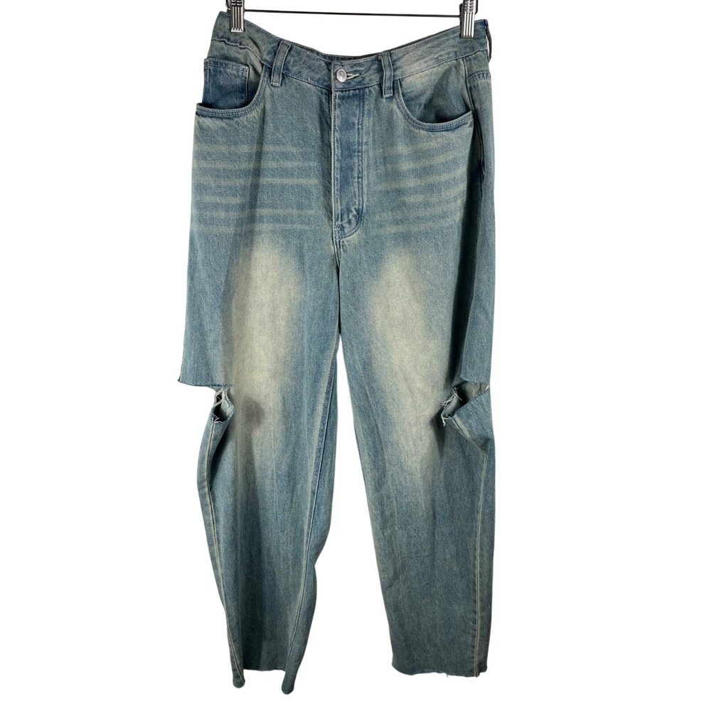 Mars The Label Women Jeans Blue S High Rise Distressed Cutout Straight Leg Denim
